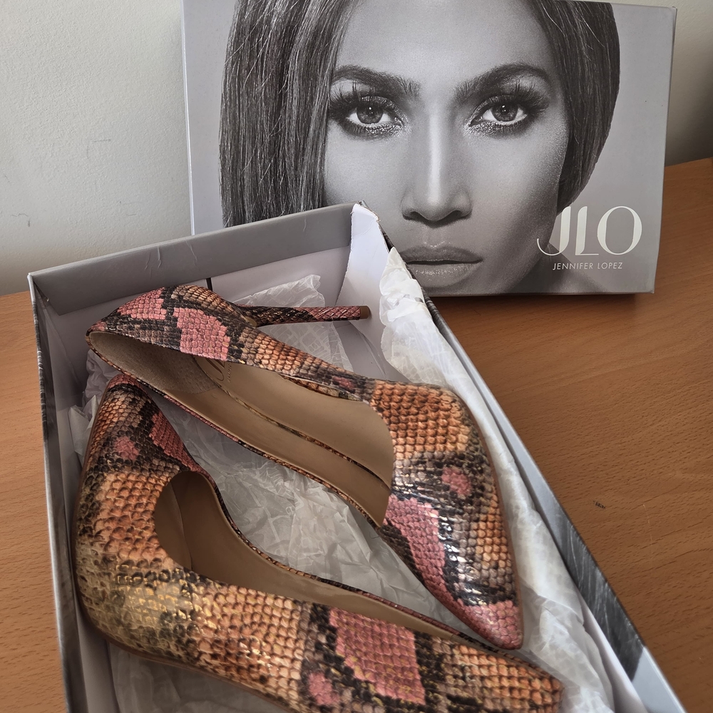 Jennifer Lopez Pink and Tan Snake-Print Pointed Toe Pumps